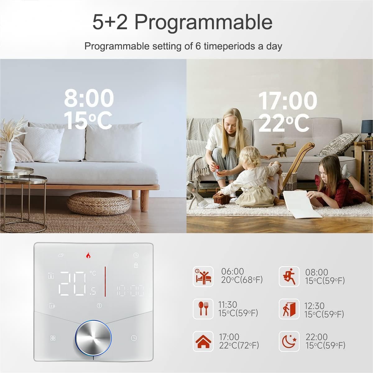 009 Serie Knob Termostato Calefacción WiFi para Caldera de Gas/Agua, Termostato Inteligente Programable para el Hogar, Función de Control de Voz Compatible con Alexa, Google Home 5A(Blanco)