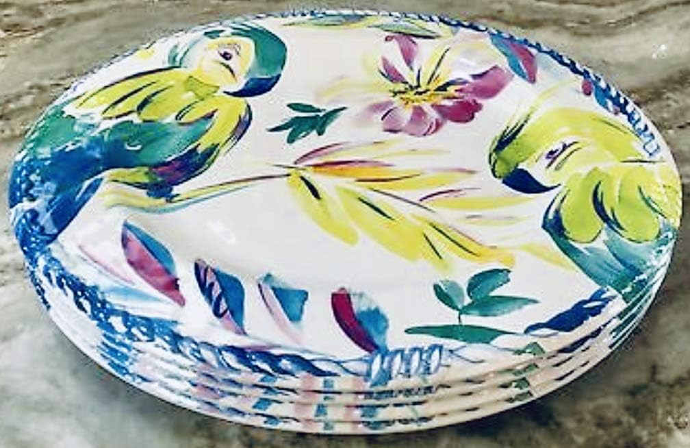 Artistic Accents Melamine Set of 4 Dinner Plates PARROTS