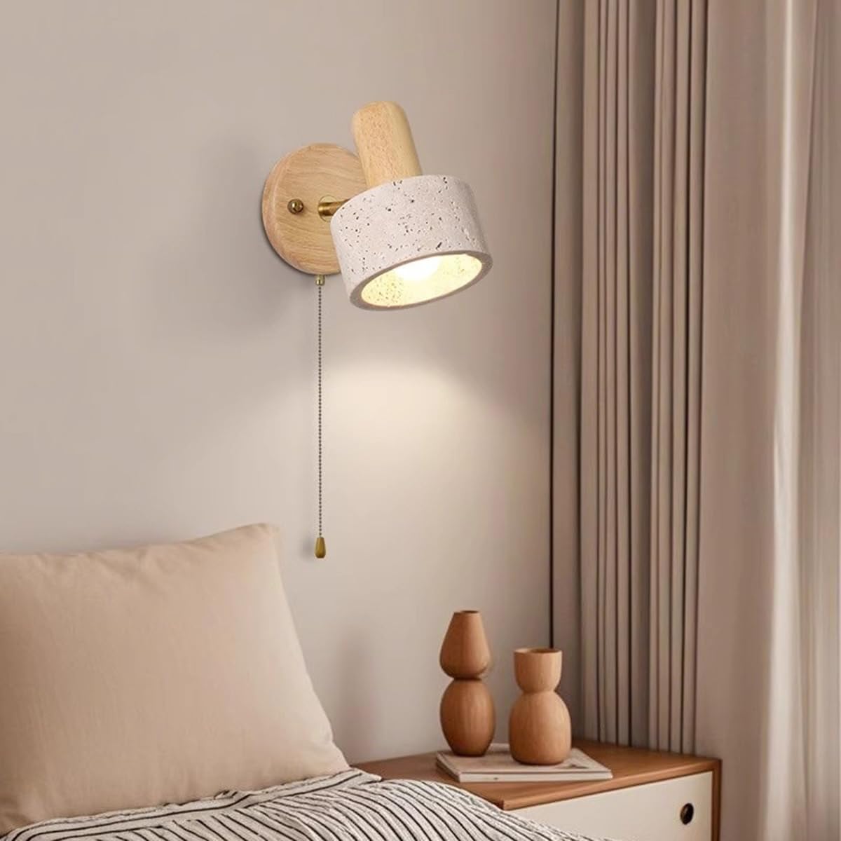 Vintage Indoor Wall Lamp with Pull Switch, E27 Wooden Wall Light in Natural Yellow Travertine, 3000K Warm Light, Bedside Lamp, Retro Wall Lighting, Wabi-Sabi Style for Bedrooms and Living Rooms