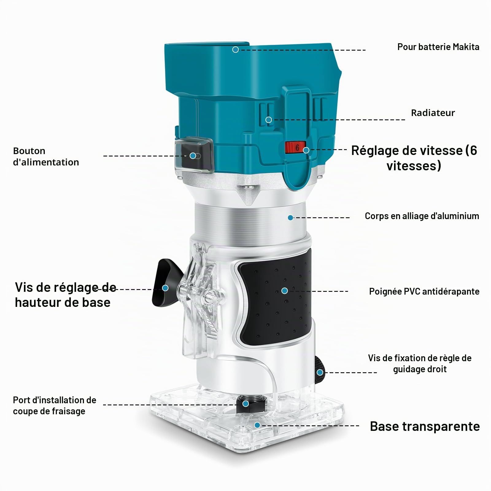 Bois Défonceuse Affleureuse pour Makita 18V Batterie, Routeur à Bois Électrique sans fil 30000r/min avec 15pcs 1/4" Pinces Bits Affleureuse à Bois Électrique Verticale
