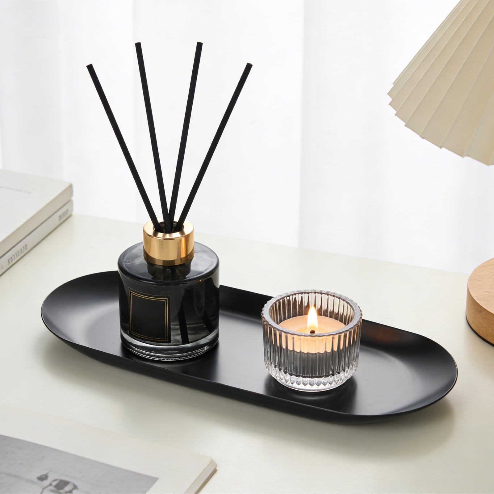 Confezione da 2 vassoi decorativi in acciaio inossidabile, vassoio ovale da 30,5 cm, per gioielli, piccoli piatti portaoggetti per cosmetici, organizer per chiavi del bagno, candele (nero)