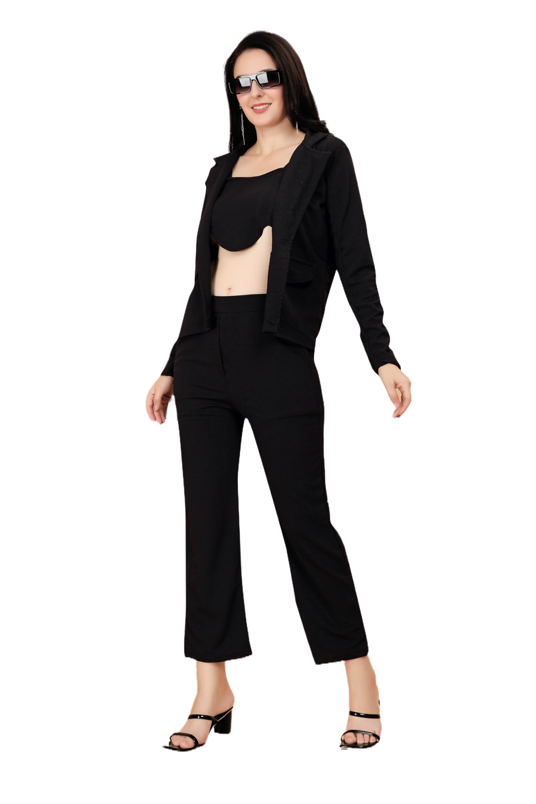 v2b enterprise Women's Lycra Solid Three Piece Outfits Blazer Co-Ord Set Women Outdoor Wear Maxi Dress Crop top Party Dress Stylish Latest Dresses-picture-34