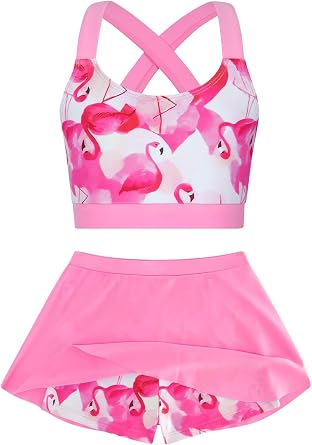 Girls Swimsuit 2 Piece Bathing Suit with Skirted Boyshorts 5-16Y | 85% polyester 15% spandex, stretch swim set, lined cross-back top, elastic skirted boyshorts, pool beach and water play