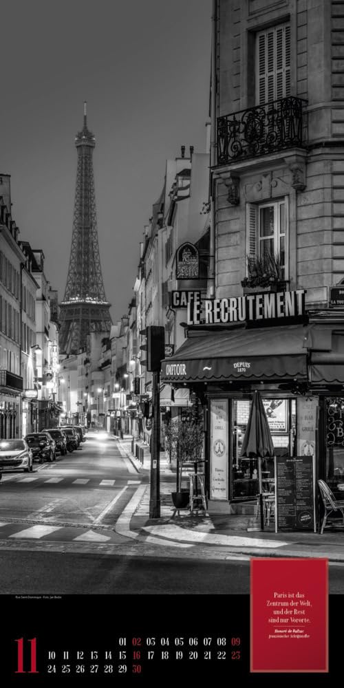 Paris, je t'aime Kalender 2025, Wandkalender in Schwarz-Weiß im Hochformat (33x66 cm) - Städtekalender / Literaturkalender mit Zitaten