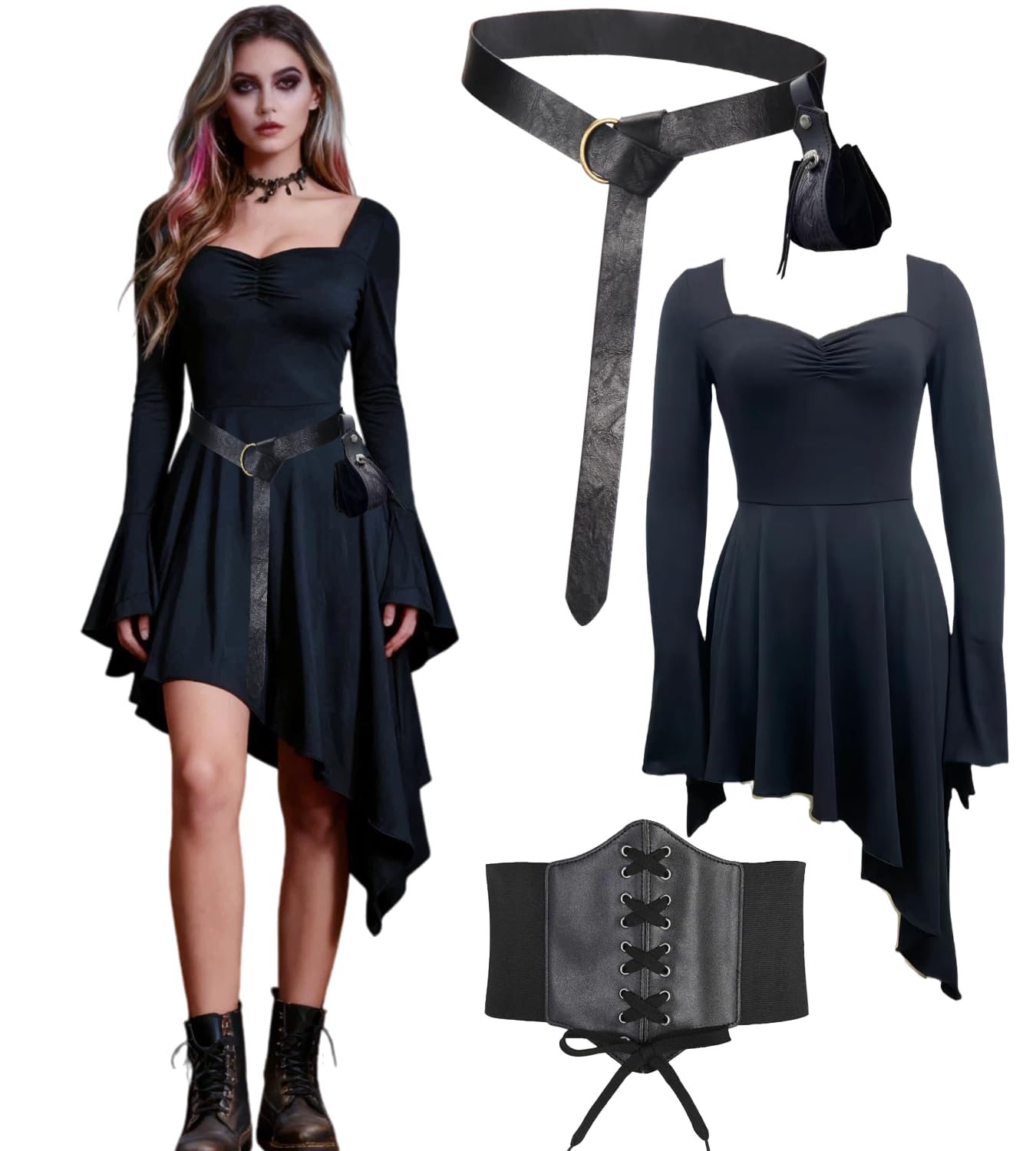 kasahara Medieval Clothing Women Set Gothic Dress Retro Renaissance Clothing with Corset, Belt Bag, Belt