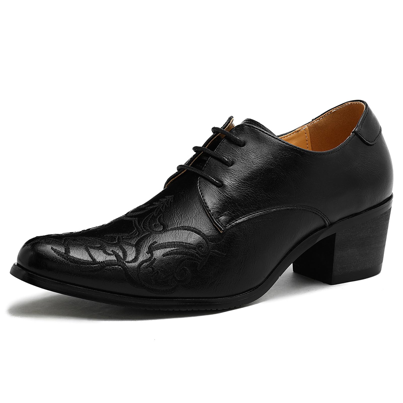 Męskie buty wizytowe ze szpiczastym noskiem buty do tańca na wysokim obcasie sznurowane skórzane retro do biznesu