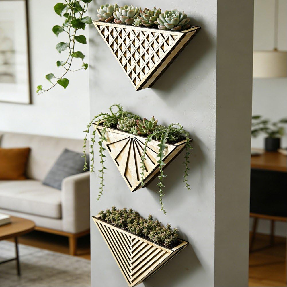 Lot De 3 Jardinières Triangulaires Murales en Bois – Pots De Fleurs Suspendus pour Jardin Vertical avec 3 Motifs Sculptés Uniques pour Intérieur Extérieur