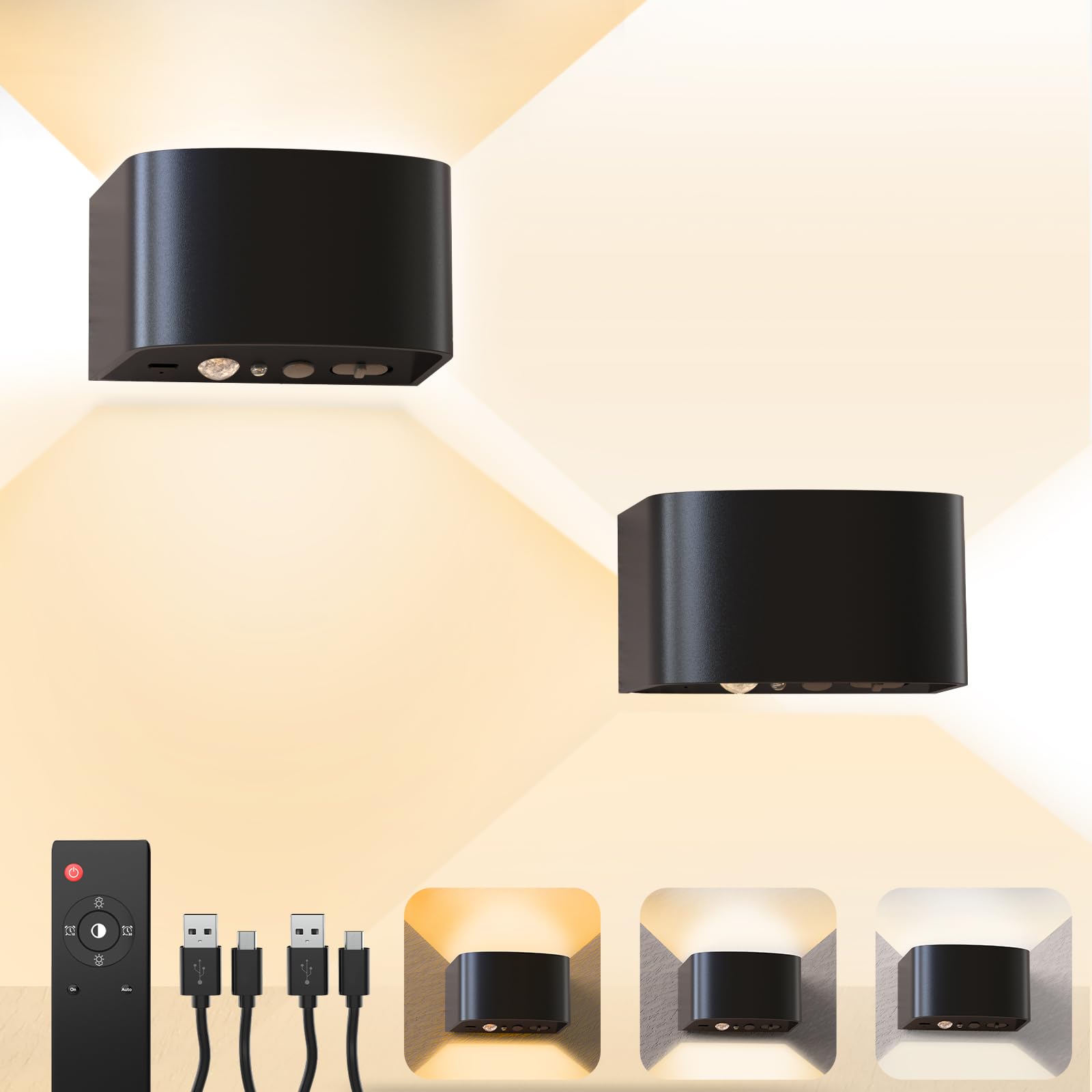 KagoLing Interior Wall Light with Motion Sensor, 2 Pieces LED Wall Lamps without Cables with Remote Control, 3 Colours/3 Modes Rechargeable 4000 mAh Batteries Wall Lamp for Bedroom