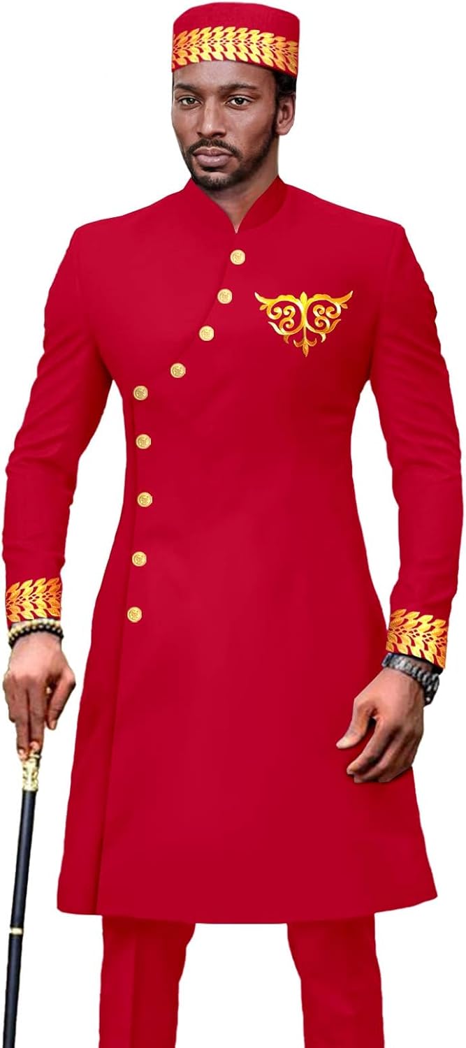 African Suits for Men Slim Fit Blazer Embroidery Jacket and Trousers Match Muslim Caps 3 PCS Set