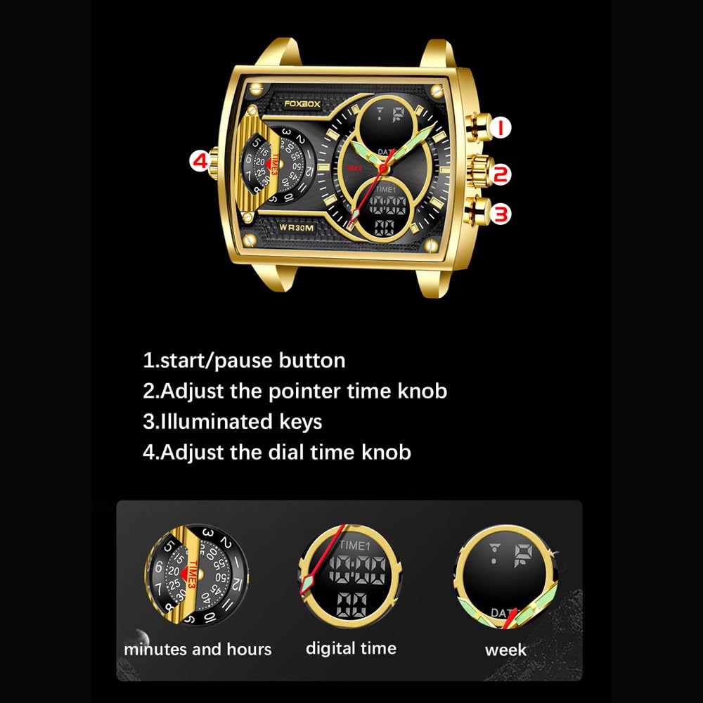 Weicam Luxury Men Square Dial Digital Watch Lumious Waterproof Analog Quartz Wrist Watch Dual Display Business Watch (Gold)