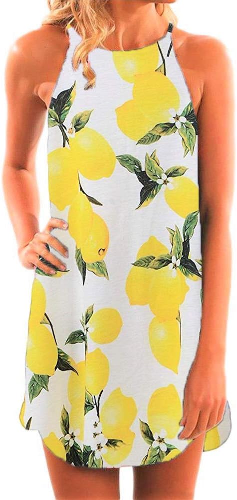 FronageWomen's Casual Sleeveless Floral Mini Dress Summer Beach Halter Neck Dresses