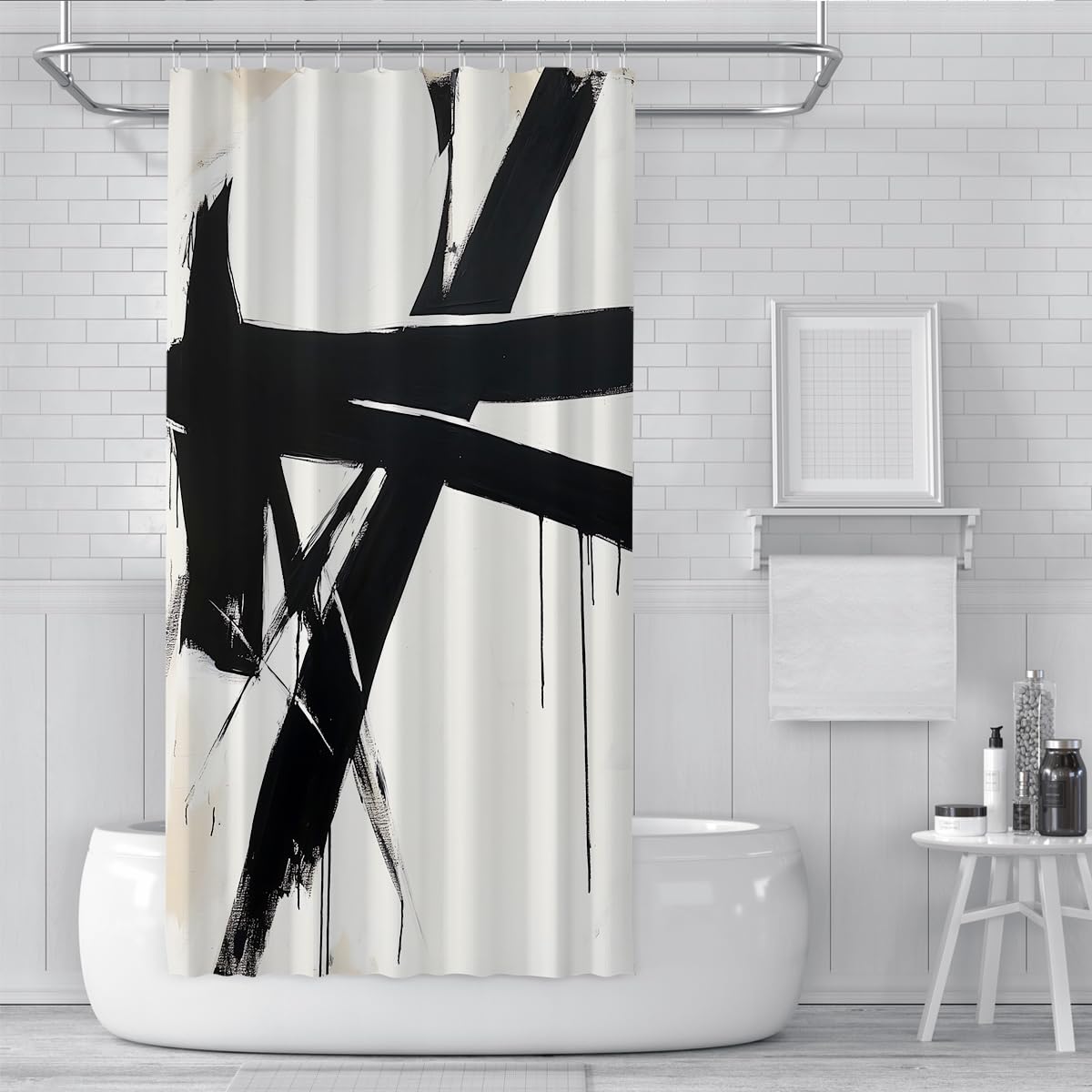 Rideau de Douche Neutre Abstrait à Coups de Pinceau 180x180cm
