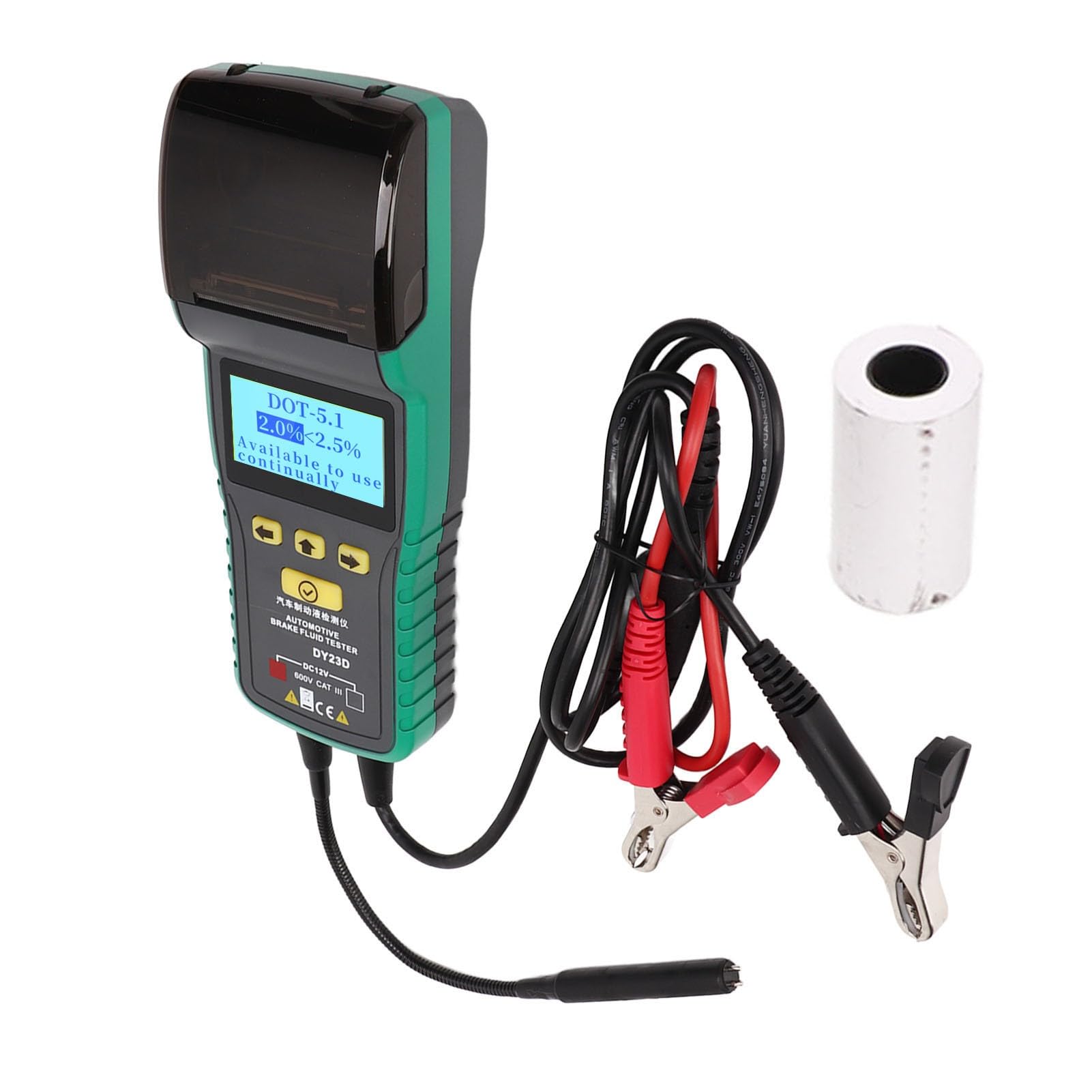 DY23D Bremsflüssigkeitstester mit Drucker, Digitalanzeige 12V Prüfer für DOT3/DOT4/DOT5.1, Auto Diagnosegerät mit akustischem Alarm, Testbericht Druckfunktion, Grün