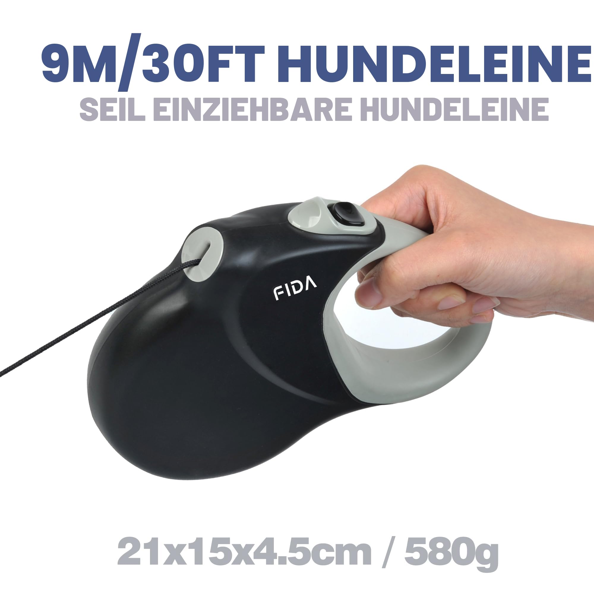 Fida Ausziehbare Hundeleine, 9 m, robuste Hundeleine für mittelgroße und große Hunde, verhedderungsfrei, ausziehbare Leine für Hunde bis zu 50 kg, Schwarz