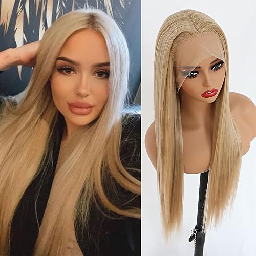 Phyoung Pelucas rubias de encaje frontal, peluca de color rubio mixto con línea de cabello natural, cabello largo y lacio, pelucas de cabello rubio