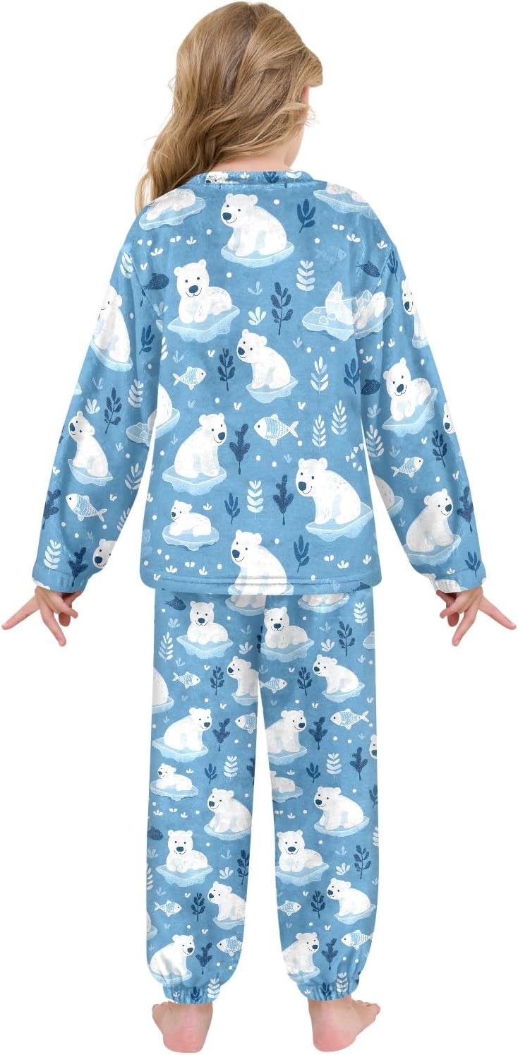 Kids Flannel Sets Cute Arctic Polar Bears Warm Plush Relaxed Clothing for Boys and Girls