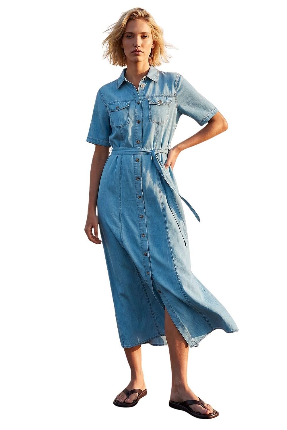 Roman Originals Women's Button Through Midi Dress - Light Denim - Size 18
