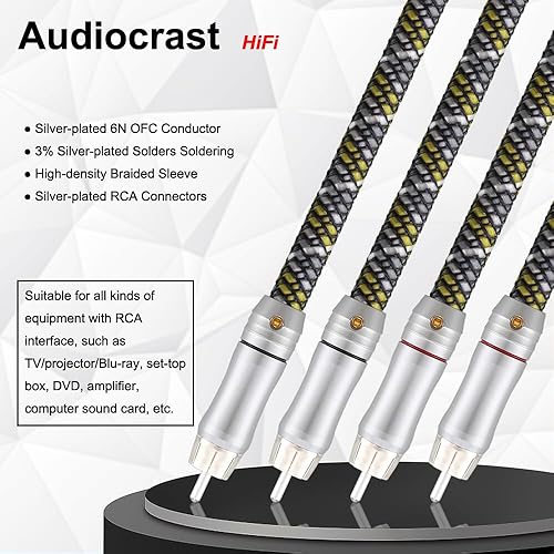 Miniatura 7 de Viborg Audiocrast A52 - Cable de audio RCA a RCA de alta gama 6N OFC cobre DVD de cine en casa 2RCA cable de alta fidelidad amplificador de CD (6.6