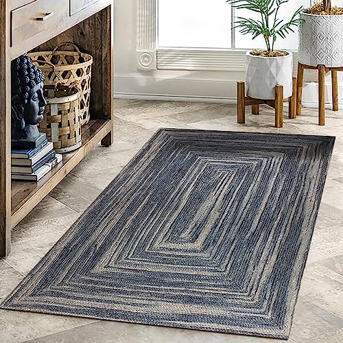 Tapis géométrique bleu en jute de 0,7 cm d'épaisseur supérieure tressée - 3