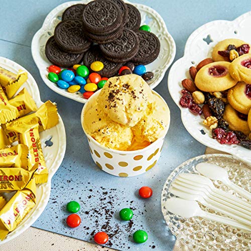Paper Ice Cream Cups - 50-Count 5.5-Oz Disposable Dessert Bowls for Hot or Cold Food, 5.5-Ounce Party Supplies Treat Cups for Sundae, Frozen Yogurt, Soup, Gold Foil Polka Dots