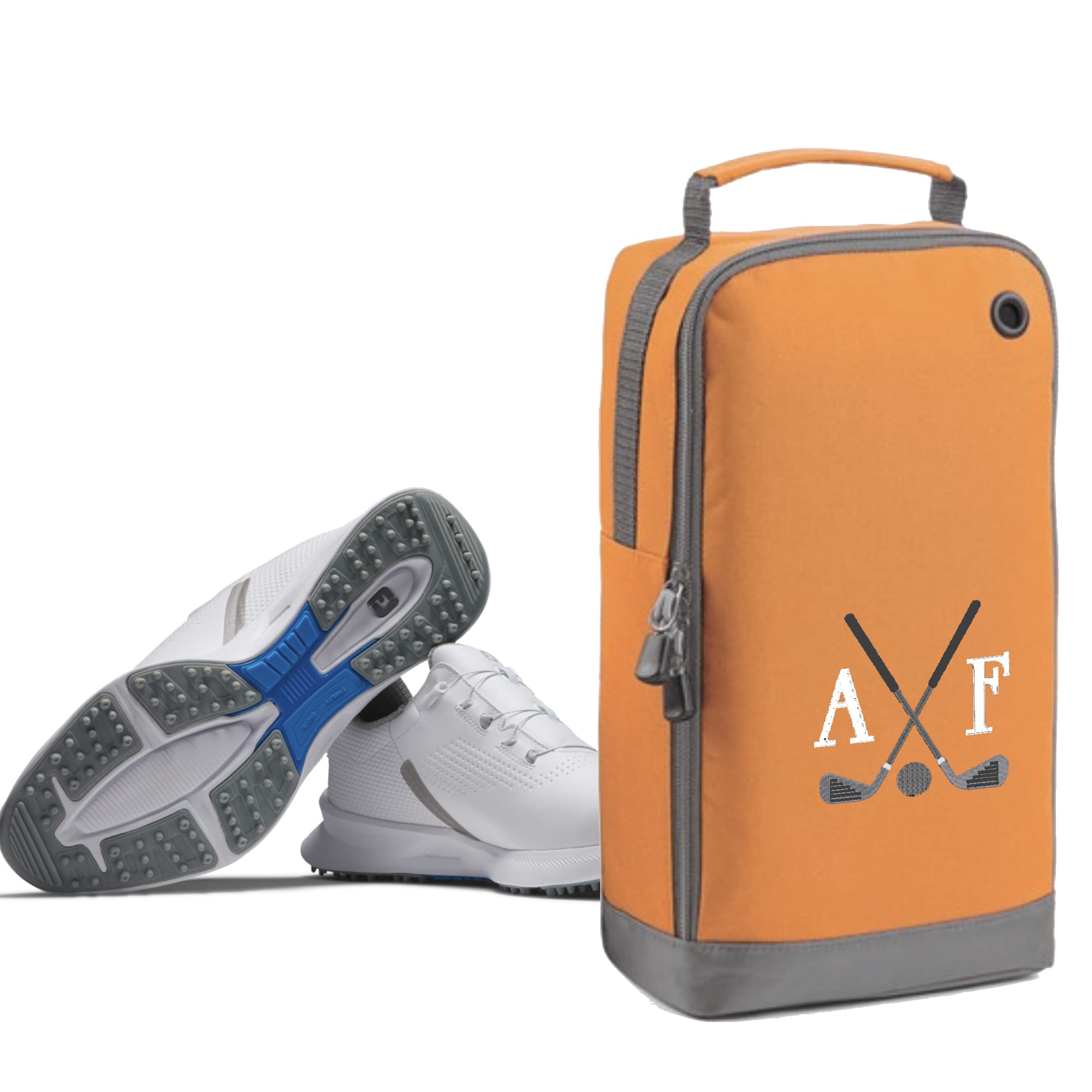 Golf Shoe Bag Personalised with Embroidered Initials - Monogrammed Golf Clubs Logo - Free P&P (Orange)