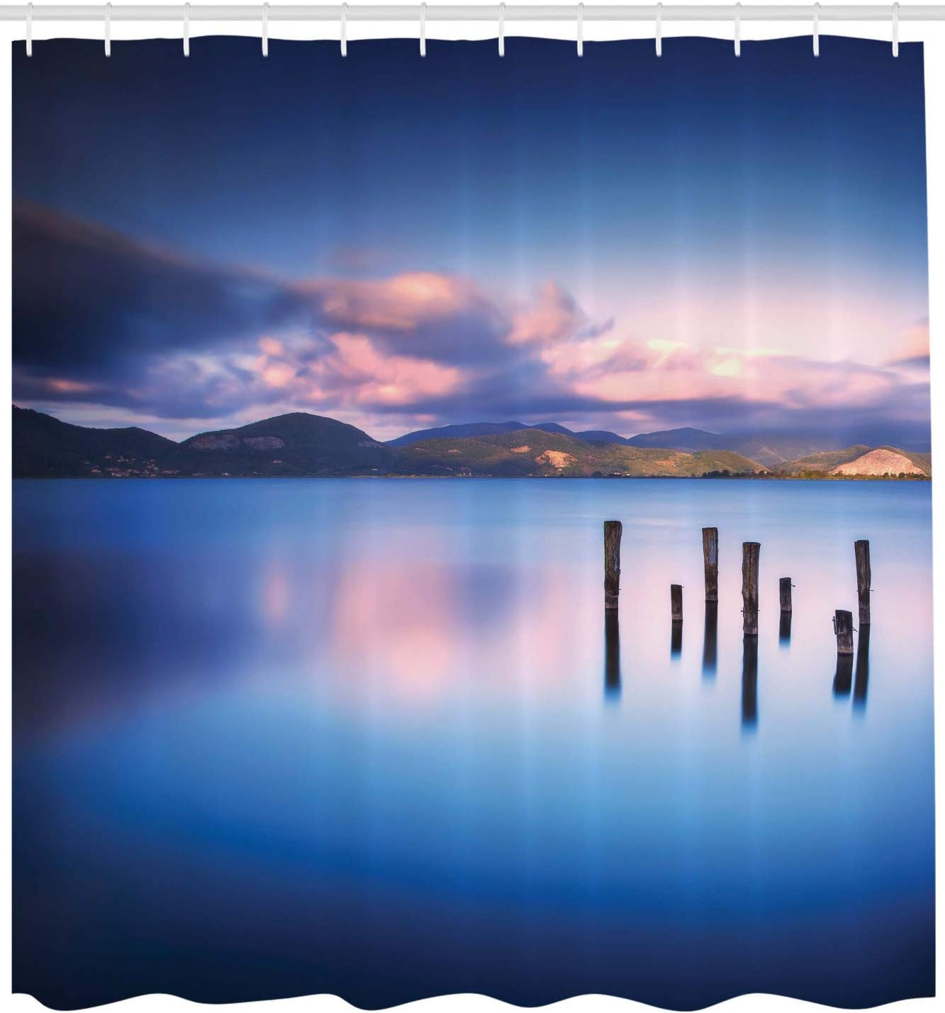 Ambesonne Nature Shower Curtain, Wooden Pier Tops Remain in Lake with Sunset Mirror Image Out Different Perspectives, Cloth Fabric Bathroom Decor Set with Hooks, 69" W x 70" L, Royal Blue