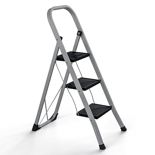 JungleA 3 Step Ladder,Portable Folding Step Stool,w/Wide Anti-Slip Pedal,330 Lbs Capacity,Sturdy Lightweight Step Ladder for Kitchen,Office & Household（Grey）