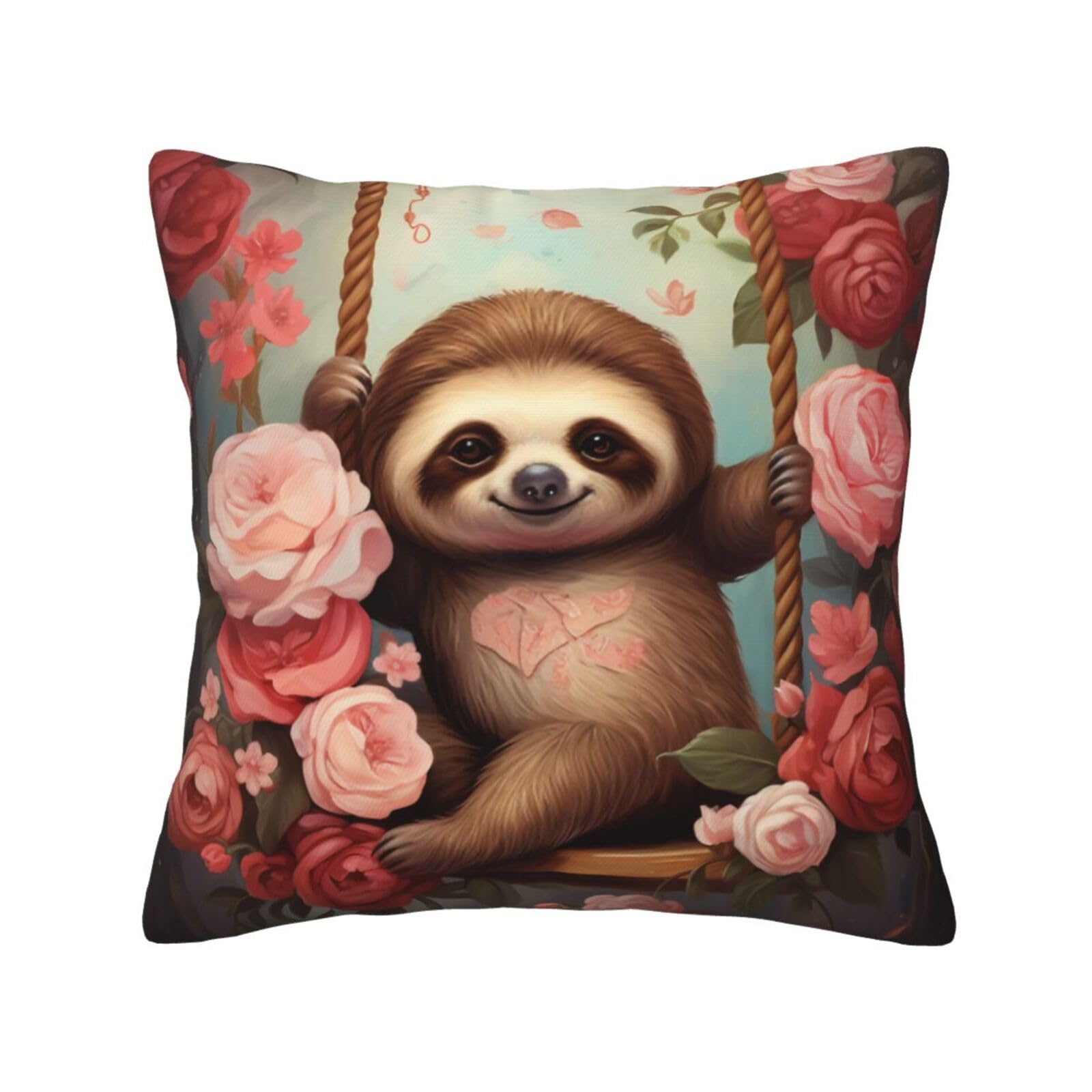 Sloth sitting on a swing by the rosesDecorative Square Sofa Cushion Covers