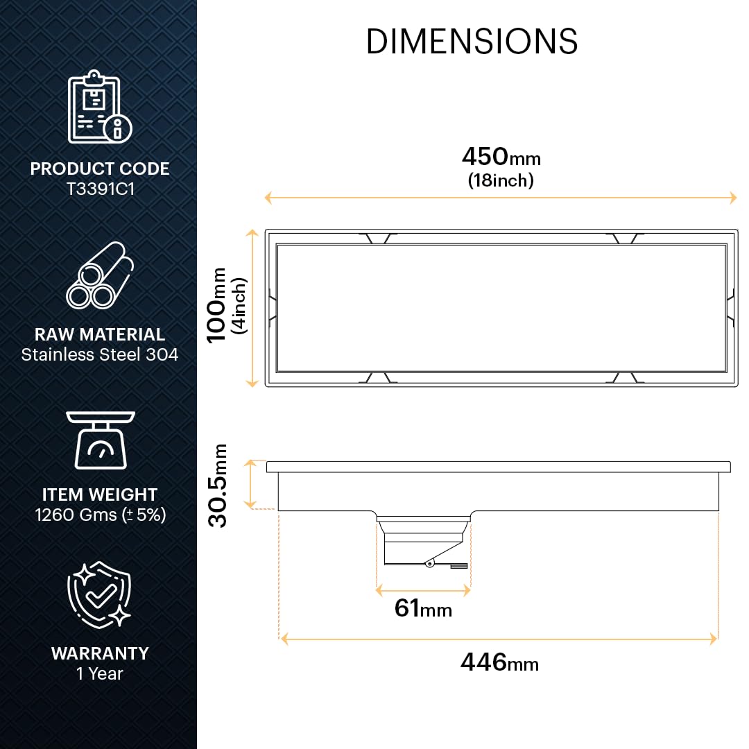 Johnson Altis 4x18 inches Rectangle Shower Drain Channel | SS304 Grade Vertical Water Drain Channel| Floor Drain for Bathroom with Cockroach Trap | 2 Year Warranty (T3391C1- Stainless Steel) — Amazon image 2