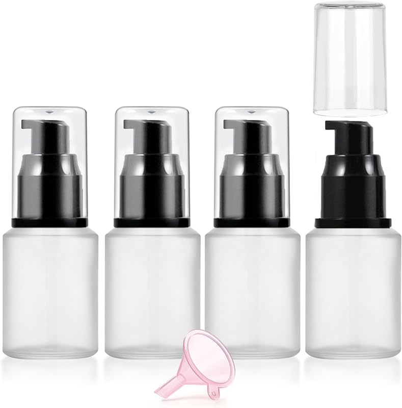 DPLASKA Frascos de vidro fosco transparente com válvula pump, 30 mL, pacote com 4 e funil