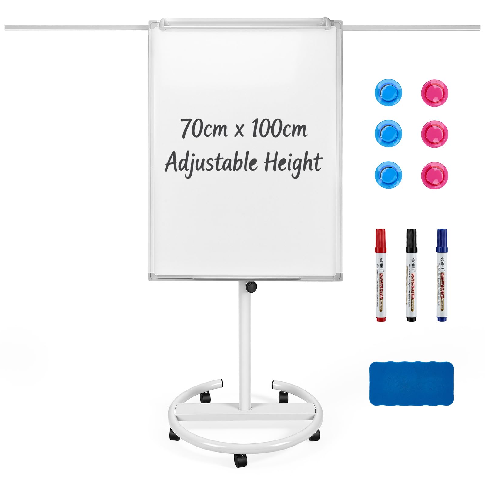100x70cm Flipchart Ständer, Magnetische Whiteboard Mobil mit Papierklammern, Magneten auf Rollen Höhenverstellbar 157-195cm, Trocken Abwischbar, Magnetisch, für Büro Schule Zuhause