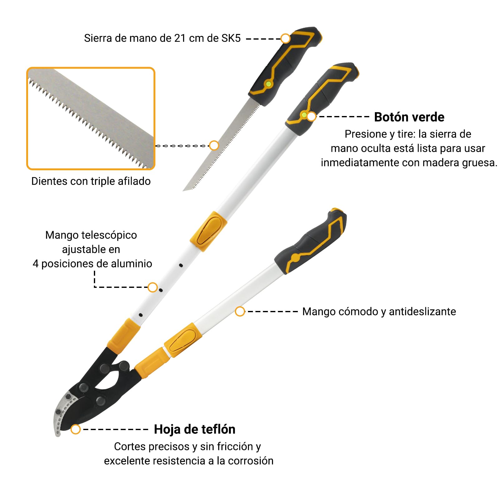 Tijeras de podar telescópicas con sierra de mano de 21 cm, tijeras de podar de 75 – 93 cm, diámetro máximo de corte de 60 mm, tamaño grande