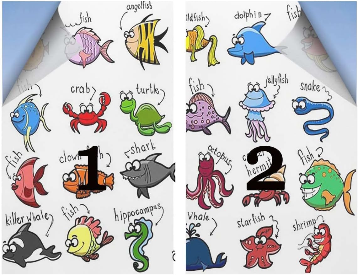 White Multicolor Window Privacy Film, Stained Window Decals, Static Window Cling, Decorative Glass Sticker, Self-Adhesive Reusable Removable, Cartoon Fish Swimming Sea Animal 35.4Wx63L-inch x2 Pcs