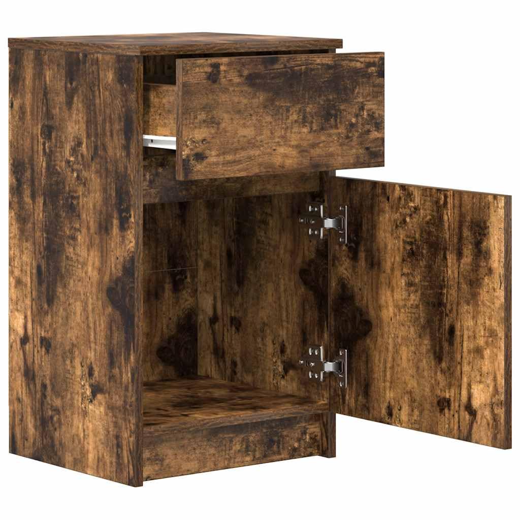 Elegante mesita de noche para dormitorio, roble ahumado, 39 x 35 x 65 cm, material de madera, fácil de limpiar, mesita de noche con superficie lisa, con placa estable y soporte de pared