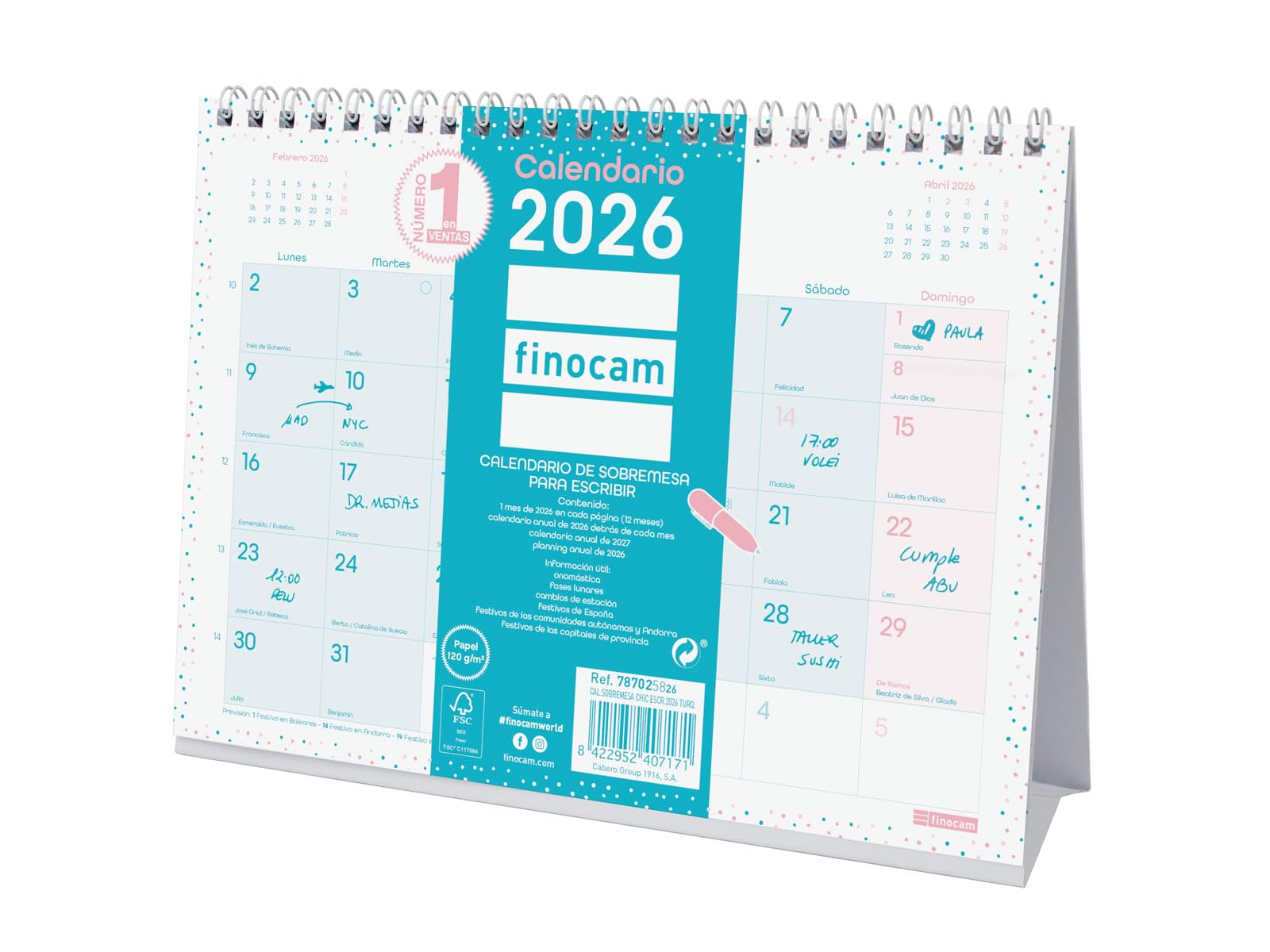 Finocam - Desktop Calendar to Write 2026 Month View January - December 2026 (12 Months) | 2026 Calendar to Note | Chic Monthly Planner - Turquoise - Spanish