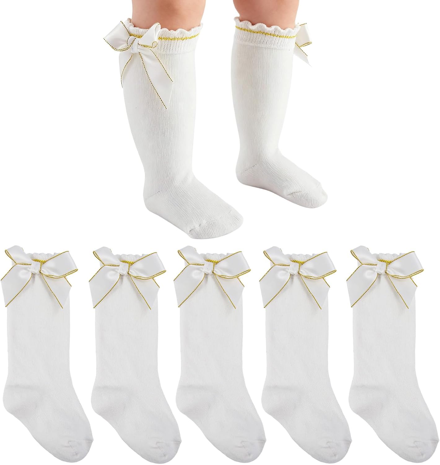 5 Pack Baby Girl Knee High Socks with Bow Ruffles - Cotton Infant Newborn Toddlers long Socks Stockings for Kids - Cute White Socks 6-12 Months