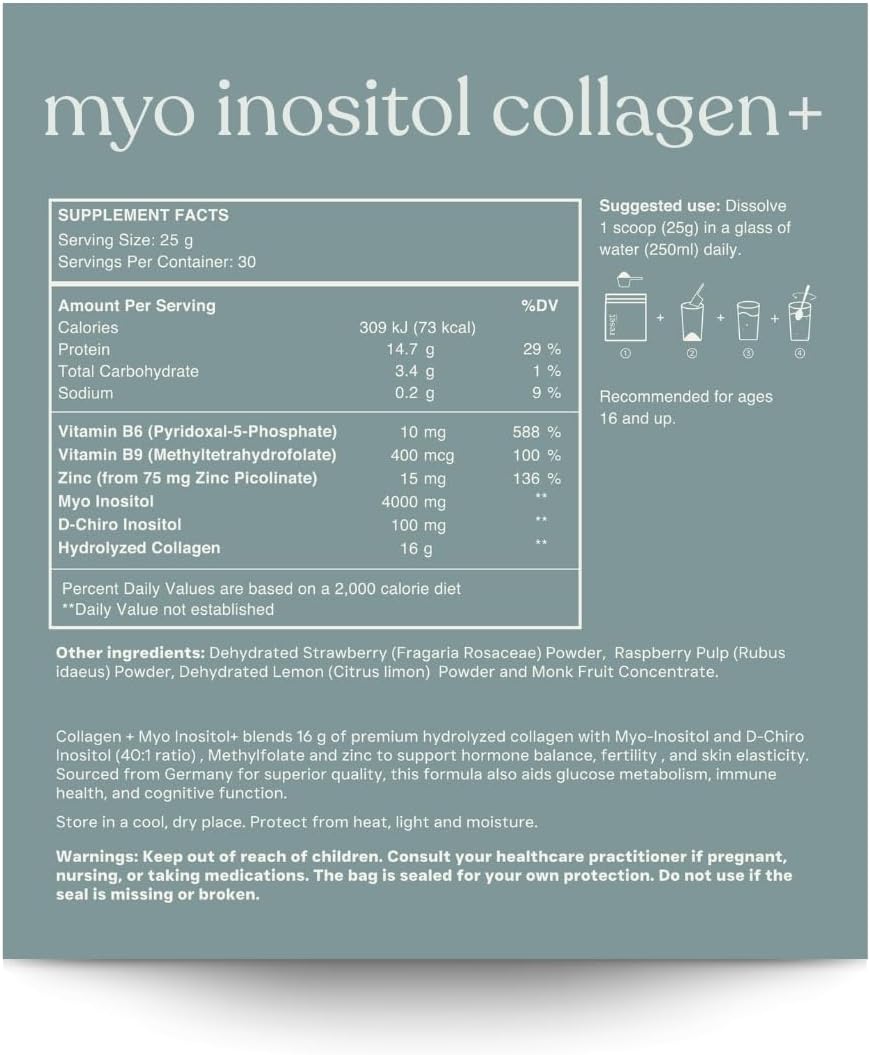 MYO INOSITOL Collagen+ Myo-Inositol & D-Chiro Inositol (40:1), Hydrolyzed Collagen, Folate, Zinc & Vitamin B6 Hormonal Balance, Fertility, Skin & Hair Support Strawberry Lemonade 750 g