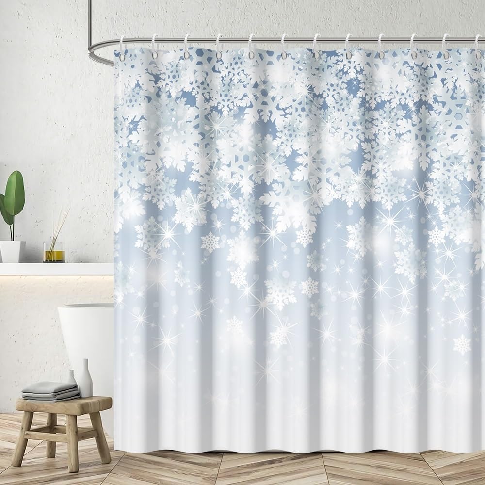 Leyiyi Christmas Shower Curtain Silver Snowflakes Christmas Shower Curtains for Bathroom Decor Xmas Funny Glitter Sparkle Bathroom Curtain Waterproof Fabric Machine Washable with Hooks 72x72 Inch