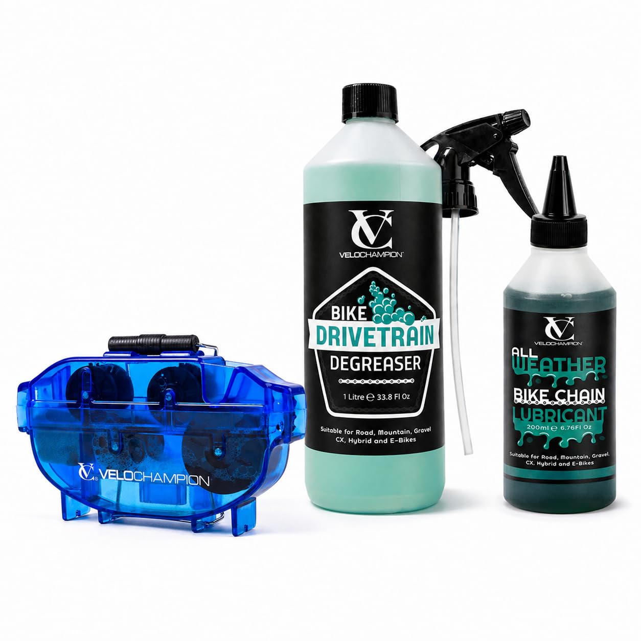 VeloChampion Fahrrad-Antriebsreinigungsset – Kettenreinigungswerkzeug, 1L biologisch abbaubarer Antriebsreiniger & 200 ml Allwetter-Kettenöl im Bundle