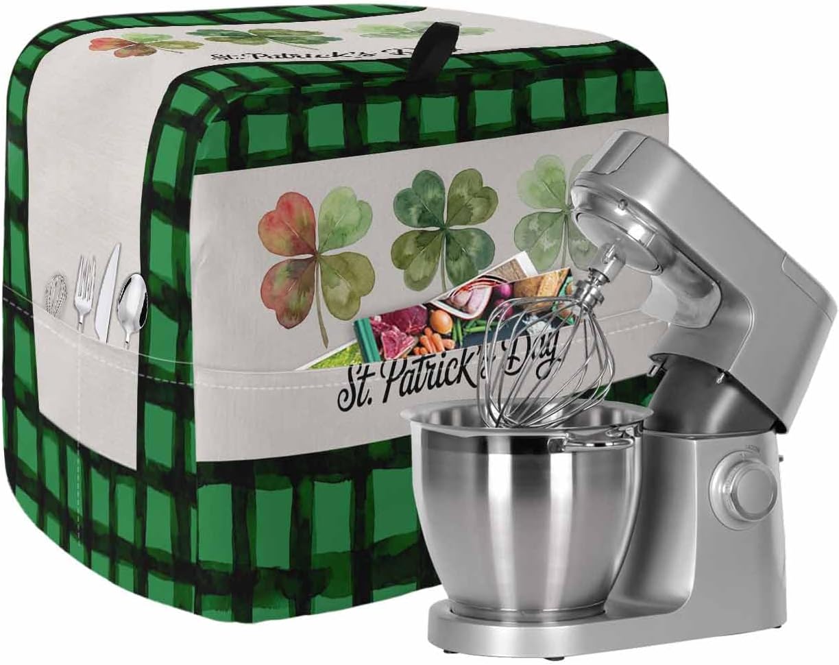 St. Patrick's Day Stand Mixer Cover with Storage Pocket, Waterproof Kitchen Mixer Covers, Country Spring Clovers Green Black Plaid Kitchen Appliance Dust Cover Compatible with 5-8 Quart Mixers