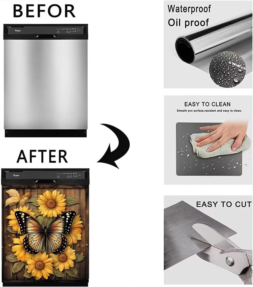 Sunflower Butterfly Dishwasher Decor Magnet Dishwasher Cover Panel Retro Wooden Magnetic Fridge Sticker Farmhouse Dishwasher Decorative Magnets Decal 23" W x 26" H