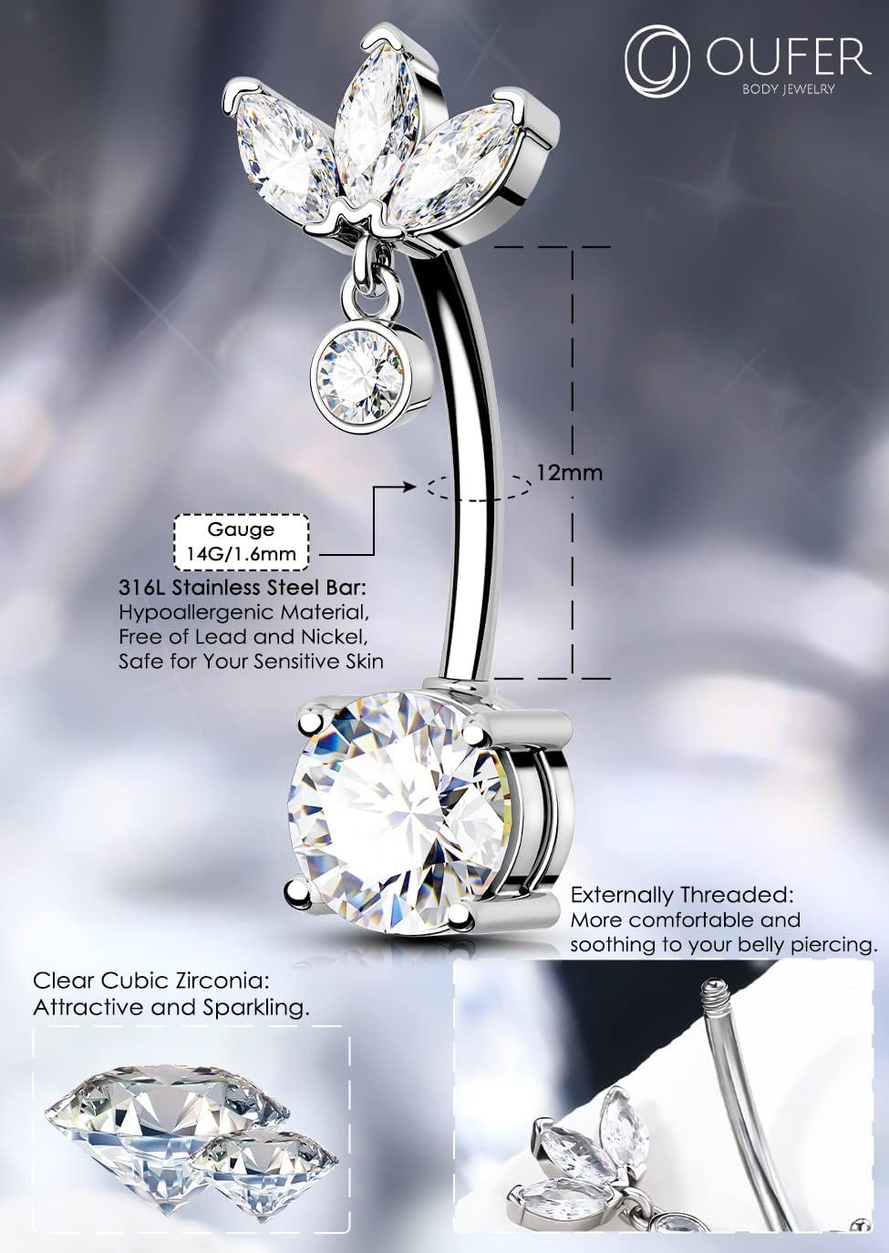 OUFER 14G Belly Button Ring, 316L Stainless Steel Belly Rings, Clear CZ Pendant Belly Button Piercing, Navel Piercing Jewelry For Women - Image 6