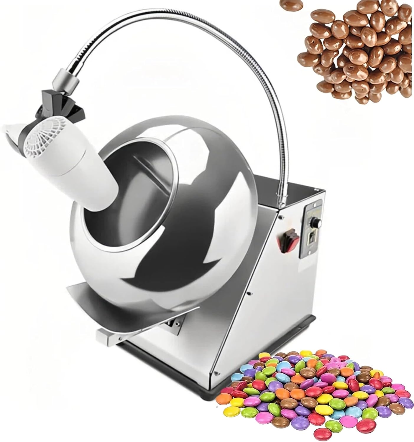 Adjustable Speed Small Commercial Sugar Coater for Food & Pharma, Chocolate Coating Equipment, Efficient Drying & Coating Machine, Ideal for Candy Production with Hair Dryer
