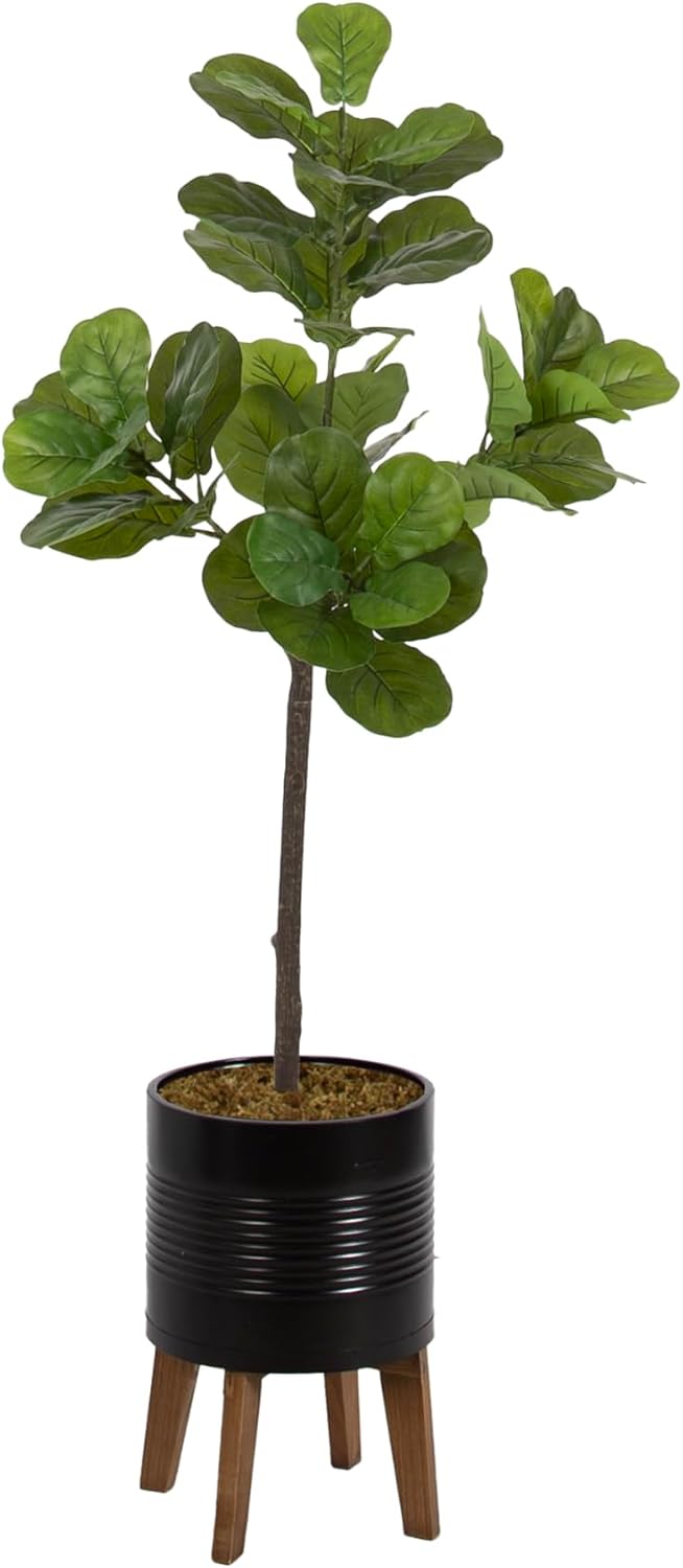 Kate and Laurel Fidmont Faux Fiddle Fig Tree with Gavri Metal Planter Pot, 4.5 FT, Black and Rustic Brown, Potted Artificial Tree Indoor with Realistic Foliage and Added Moss, Living Room Fake Plant