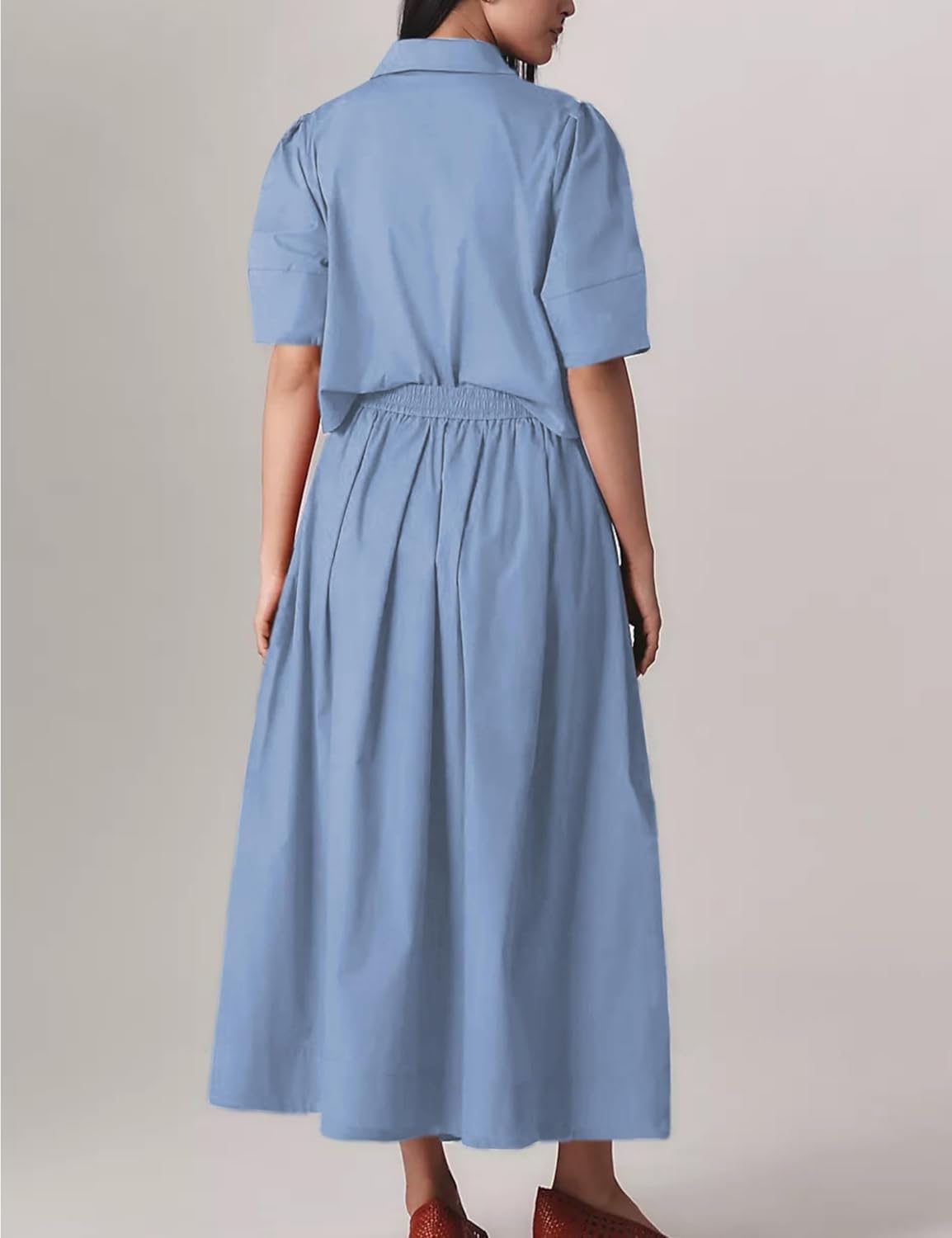 Wanzetaly Womens 2 Piece Outfits Summer Skirt Set Button Short Sleeve Tops and Maxi Skirt Dress Sets with Pockets(0566-Blue-L) - Image 3