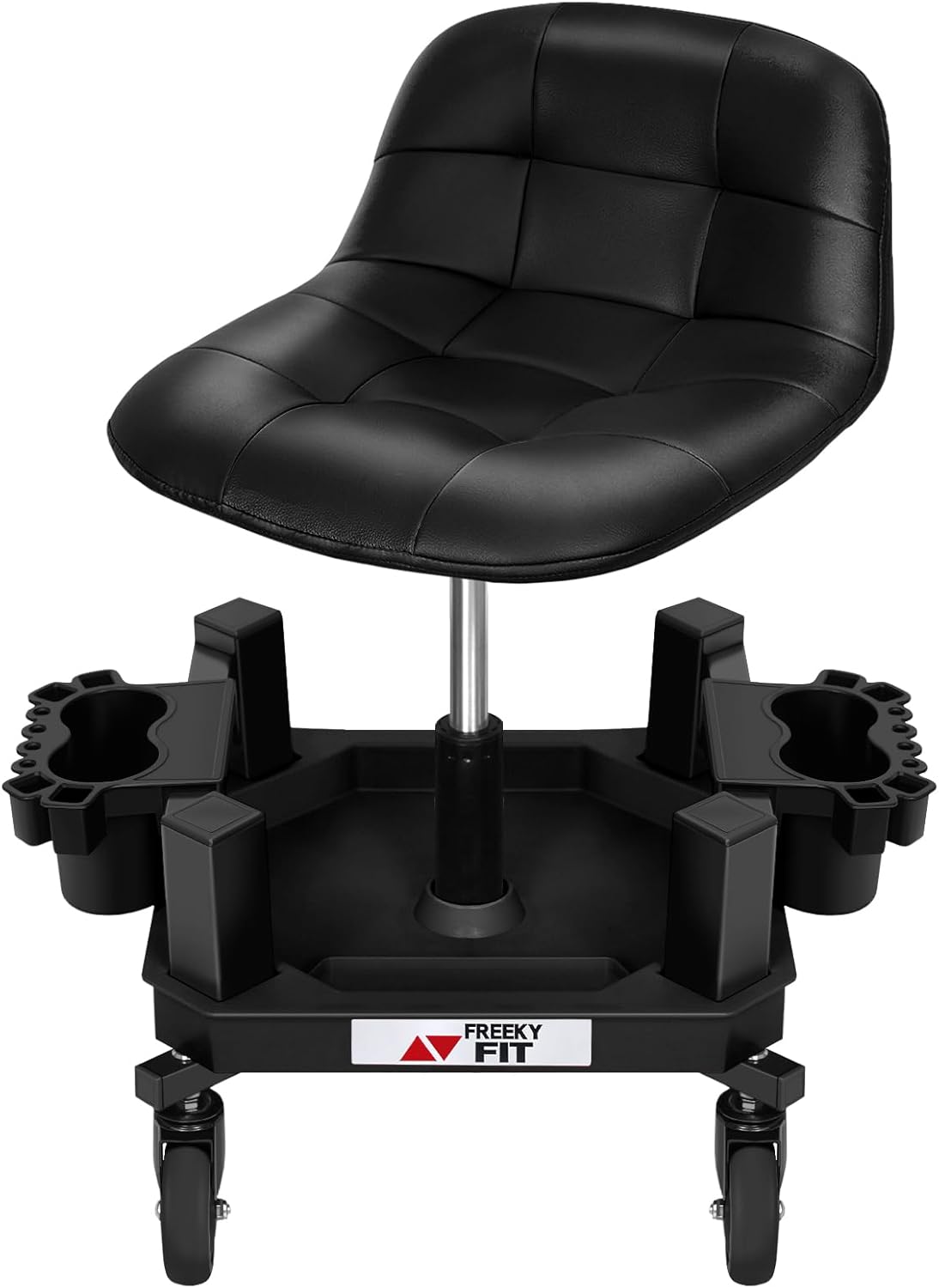 Rolling Stool with Wheels, Adjustable Shop Stool Mechanic Stool Seat Garage Shop Roller Work Chair Mobile Rolling Seat with Tool Tray, 2 Cup Holders, 4" Casters, 350 LBS, Heavy-Duty, Black