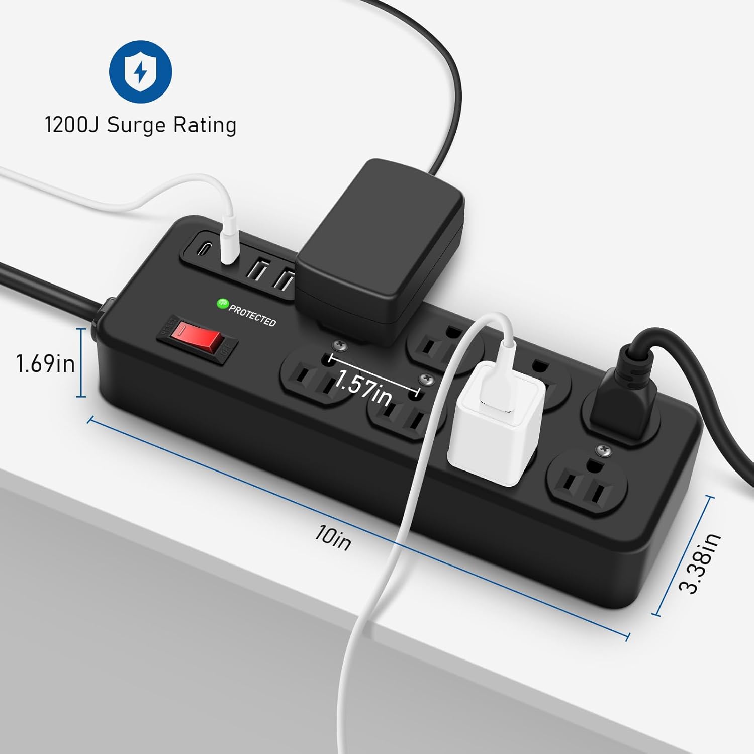 Heavy Duty Power Strip with USB,8 Outlet Workshop Metal Power Strip,PD20W USB C 15A 1200 Joules Surge Protection,Wide Spaced,10FT Cord