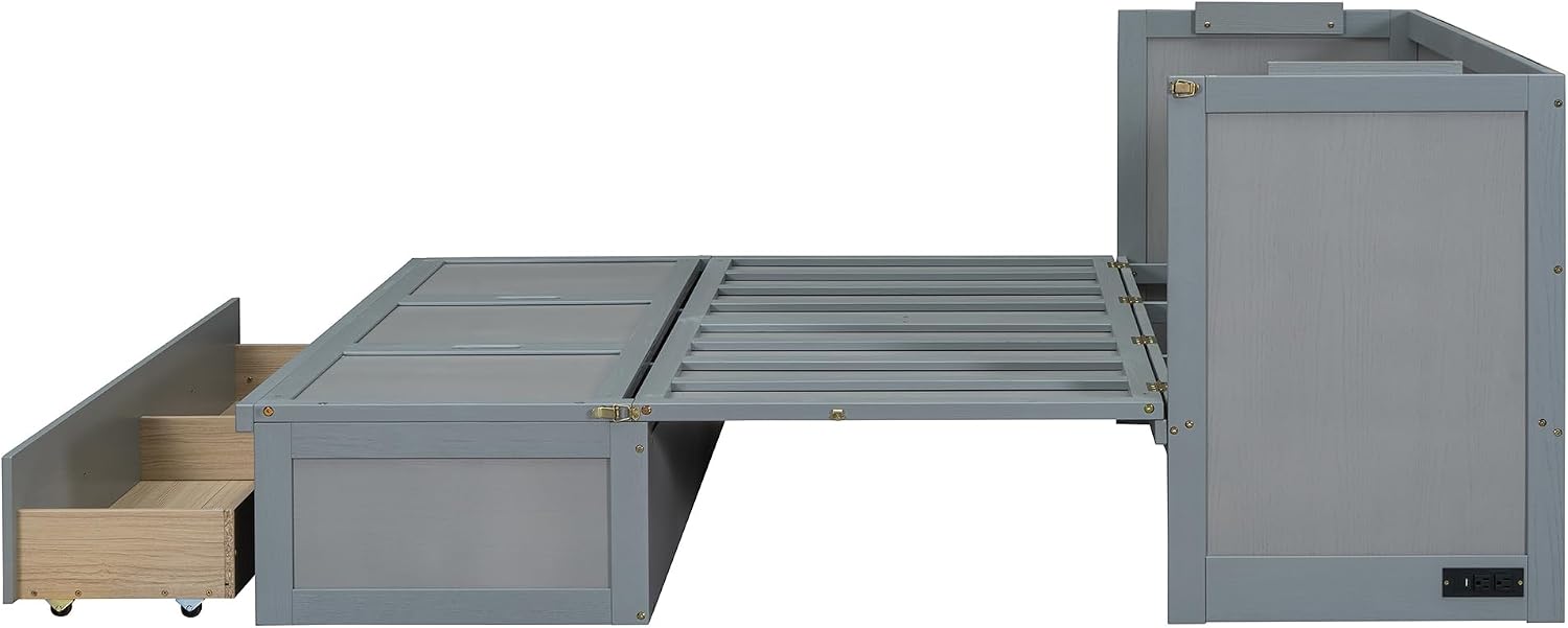 Side view of the SOFTSEA Murphy Bed showing the integrated USB ports and power outlets on the right side panel.