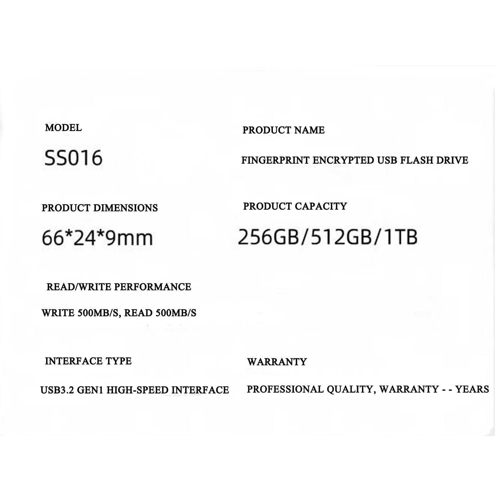 Chiavetta USB con sblocco tramite impronta digitale, chiavetta USB crittografata di grande capacità, trasferimento veloce, barra di archiviazione crittografata da 500 Mb/s for Android/PC(Black+512)