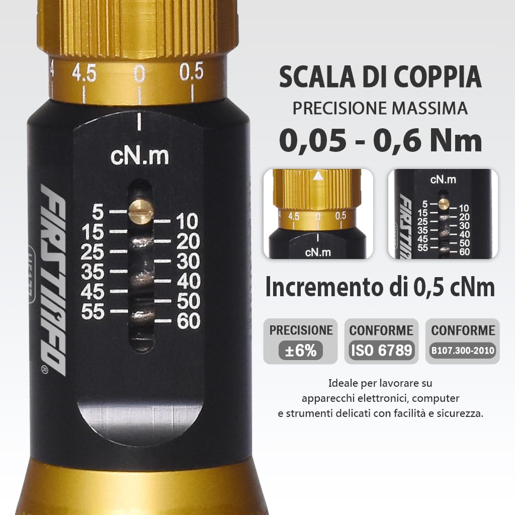 FIRSTINFO H5177 | Cacciavite Dinamometrico di Precisione Certificato | Attacco Rapido Hex 1/4" | Coppia Regolabile 5–60 cNm (0,05–0,6 Nm)
